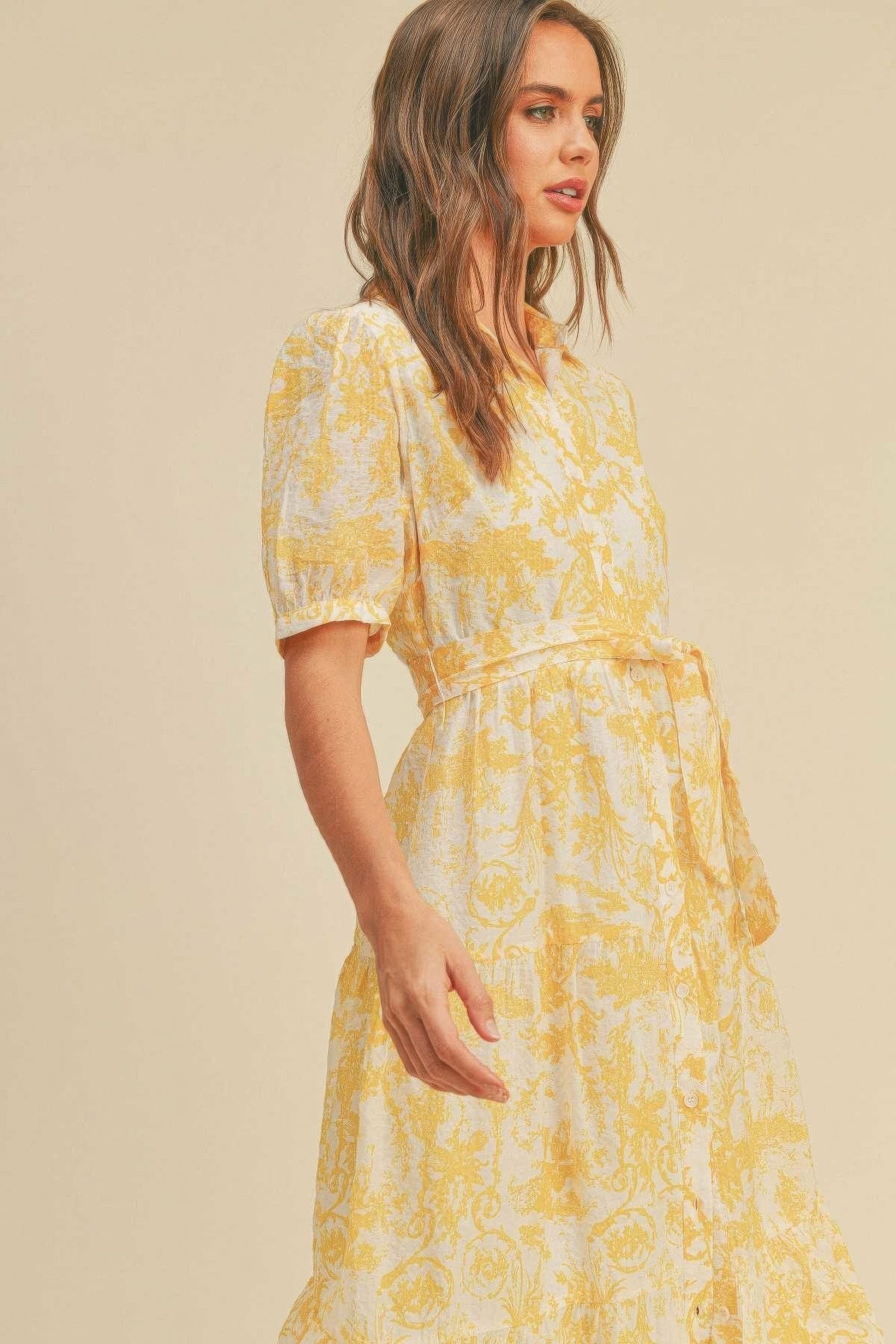 Yellow Multi Button closure waist belt puff sleeve dress