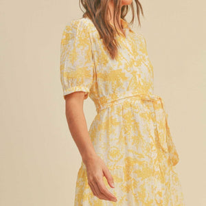 Yellow Multi Button closure waist belt puff sleeve dress