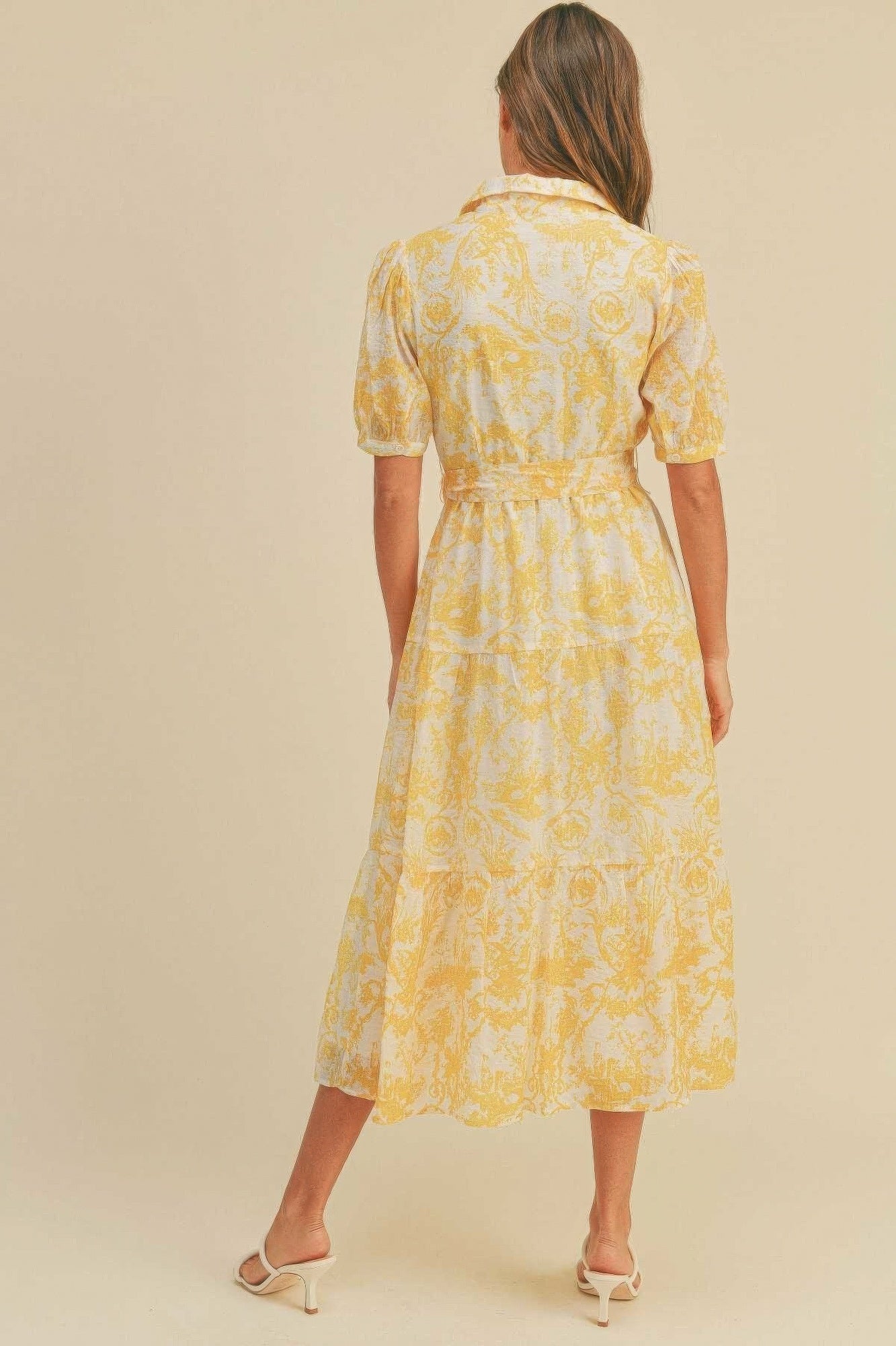 Yellow Multi Button closure waist belt puff sleeve dress