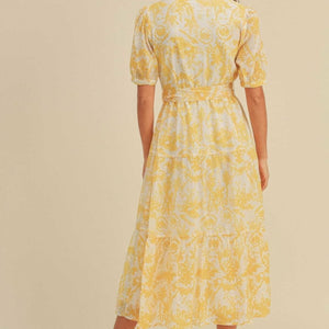 Yellow Multi Button closure waist belt puff sleeve dress