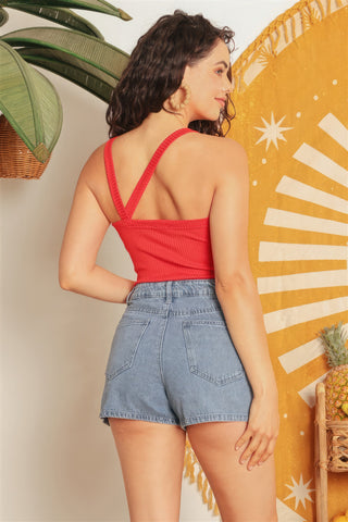 Red Ribbed V Strap Back Bodysuit