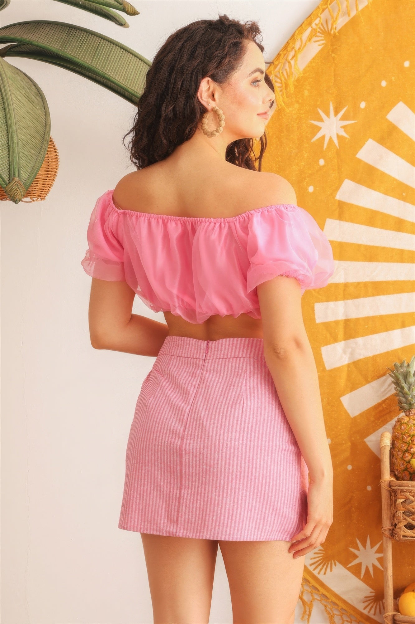 Pink Organza Puff Short Sleeve Crop Top