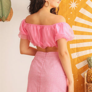 Pink Organza Puff Short Sleeve Crop Top