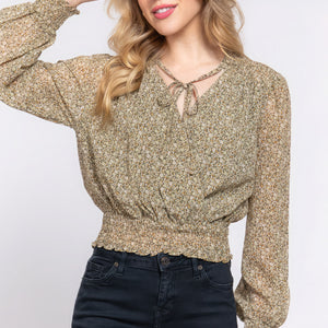 Olive Surplice Smocked Print Chiffon Blouse