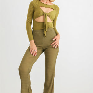 Green Cut-out Tie Knit Long Sleeve Bodysuit