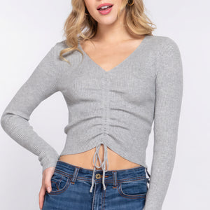 Heather Grey V-neck Shirring Tie Detail Sweater