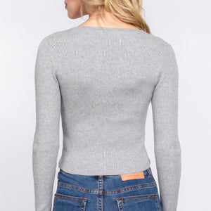 Heather Grey V-neck Shirring Tie Detail Sweater