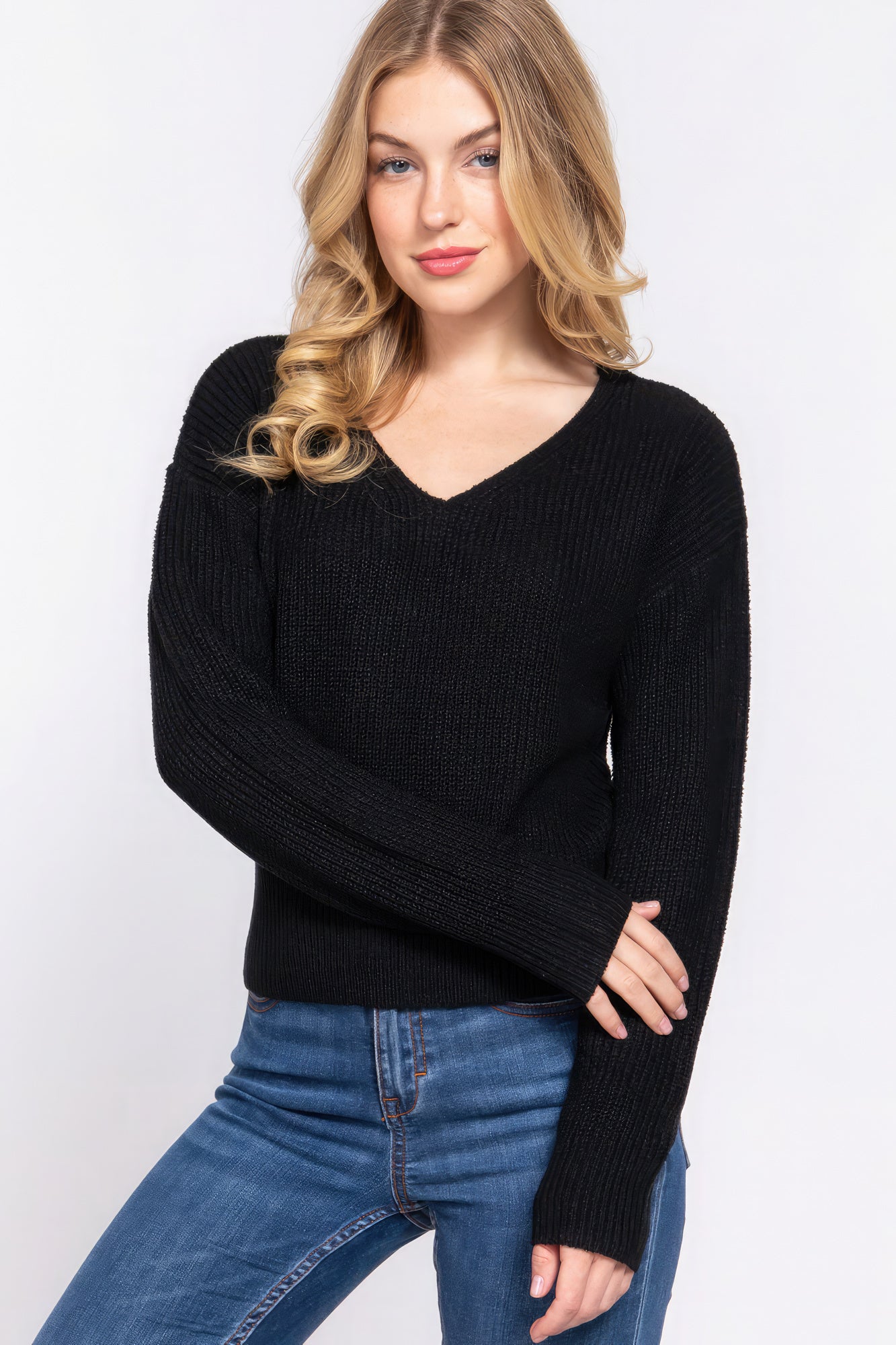 Black Dolman Slv Strappy Open Back Sweater