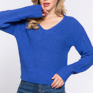 Blue Dolman Slv Strappy Open Back Sweater