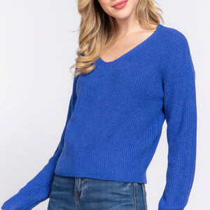 Blue Dolman Slv Strappy Open Back Sweater