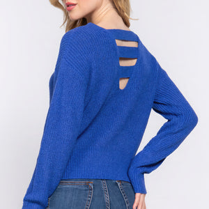 Blue Dolman Slv Strappy Open Back Sweater