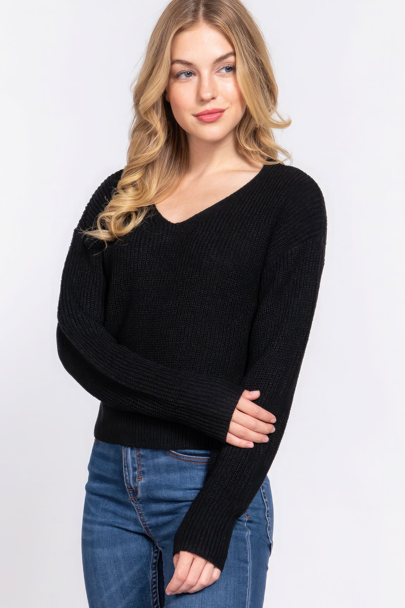 Black Dolman Slv Strappy Open Back Sweater