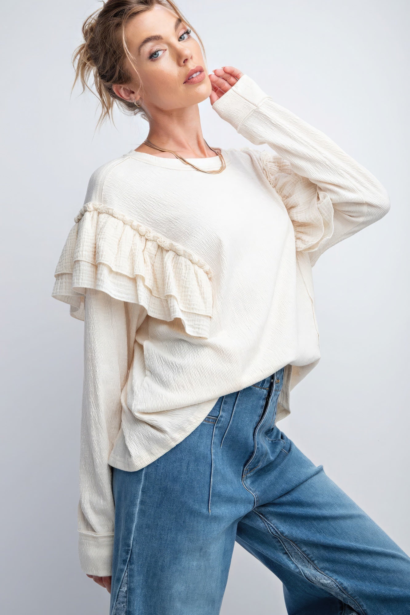 Cream Double Ruffle Sleeves Top