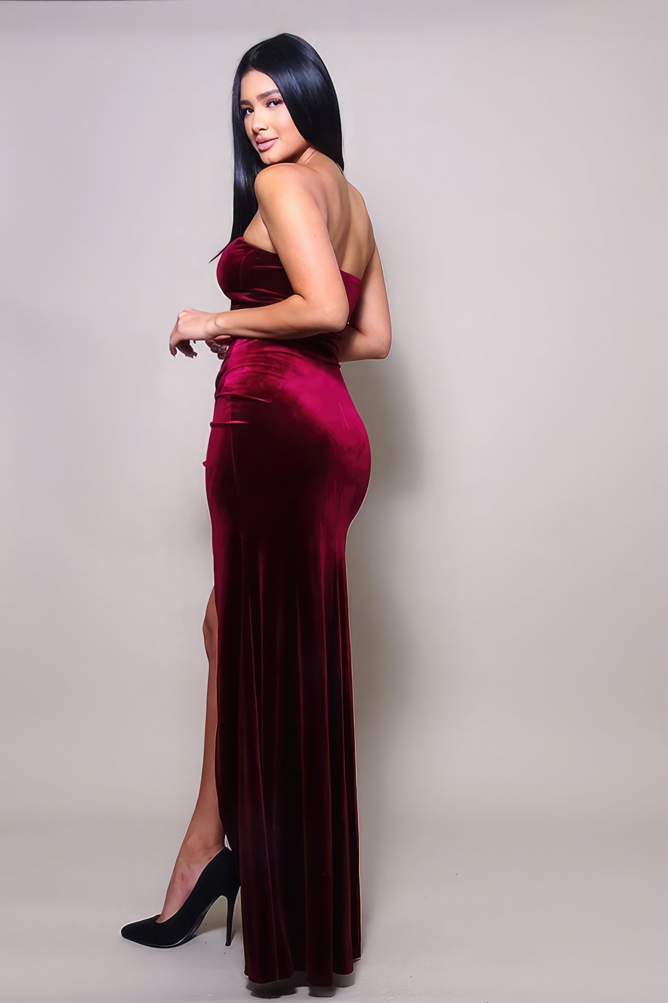 Burgundy Strapless Sweetheart Maxi Velvet Dress