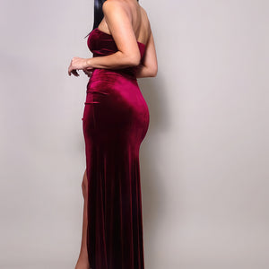 Burgundy Strapless Sweetheart Maxi Velvet Dress