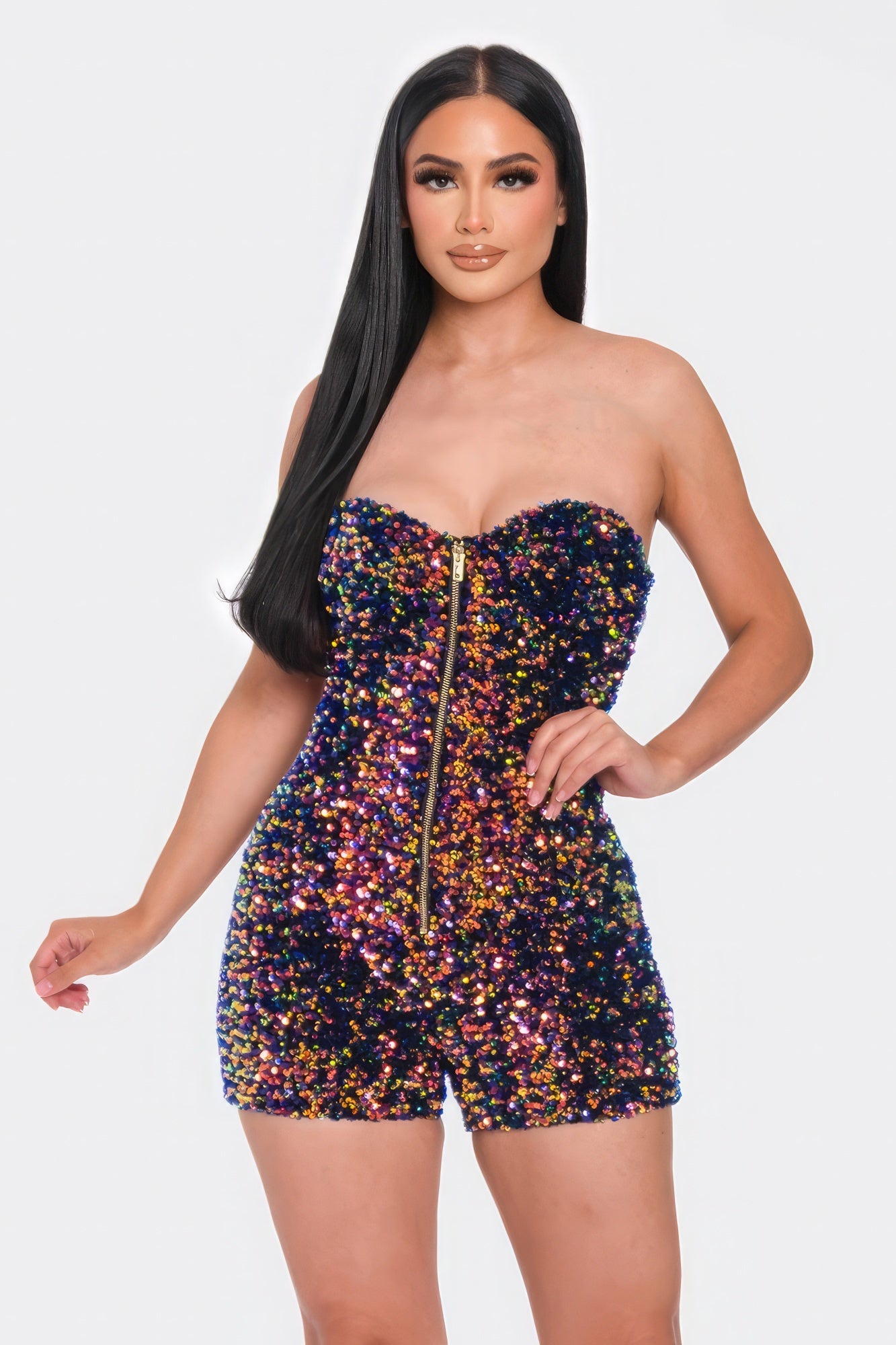 Multi Sequins Tube Top Romper in Navy Gold