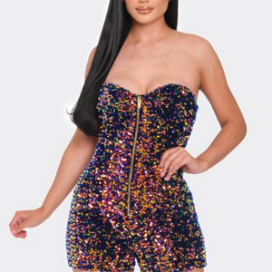 Multi Sequins Tube Top Romper in Navy Gold