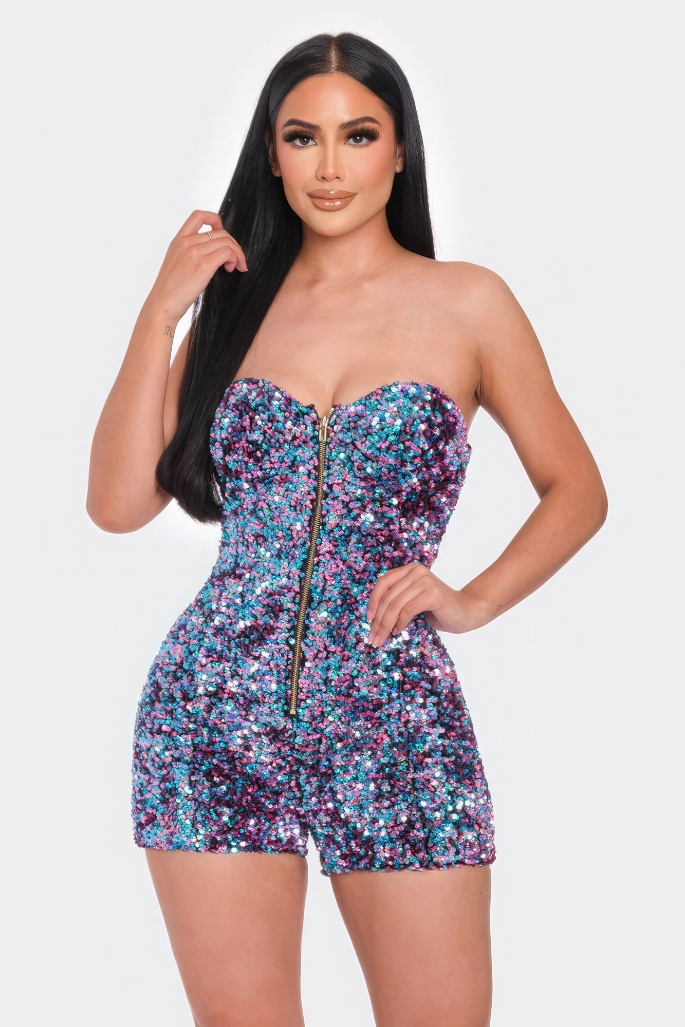 Multi Sequins Tube Top Romper in Blue Pink