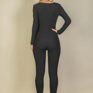 Ribbed Scoop Neck Long Sleeve Jumpsuit