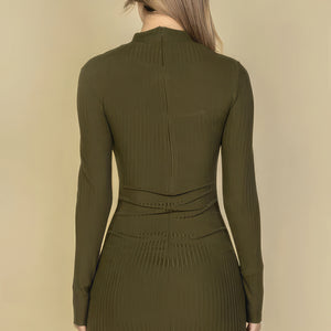 Ribbed Cut Out Front Long Sleeve Bodycon Mini Dress