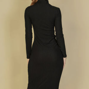 Black Ribbed Mock Neck Long Sleeve Bodycon Midi Dress