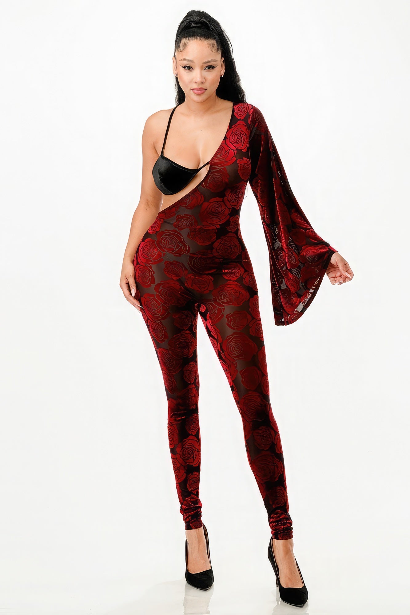 Velvet Flocking Jumpsuit with bell sleeves