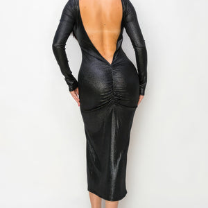 Ribbed Knit Metallic Backless Midi Dress in Black