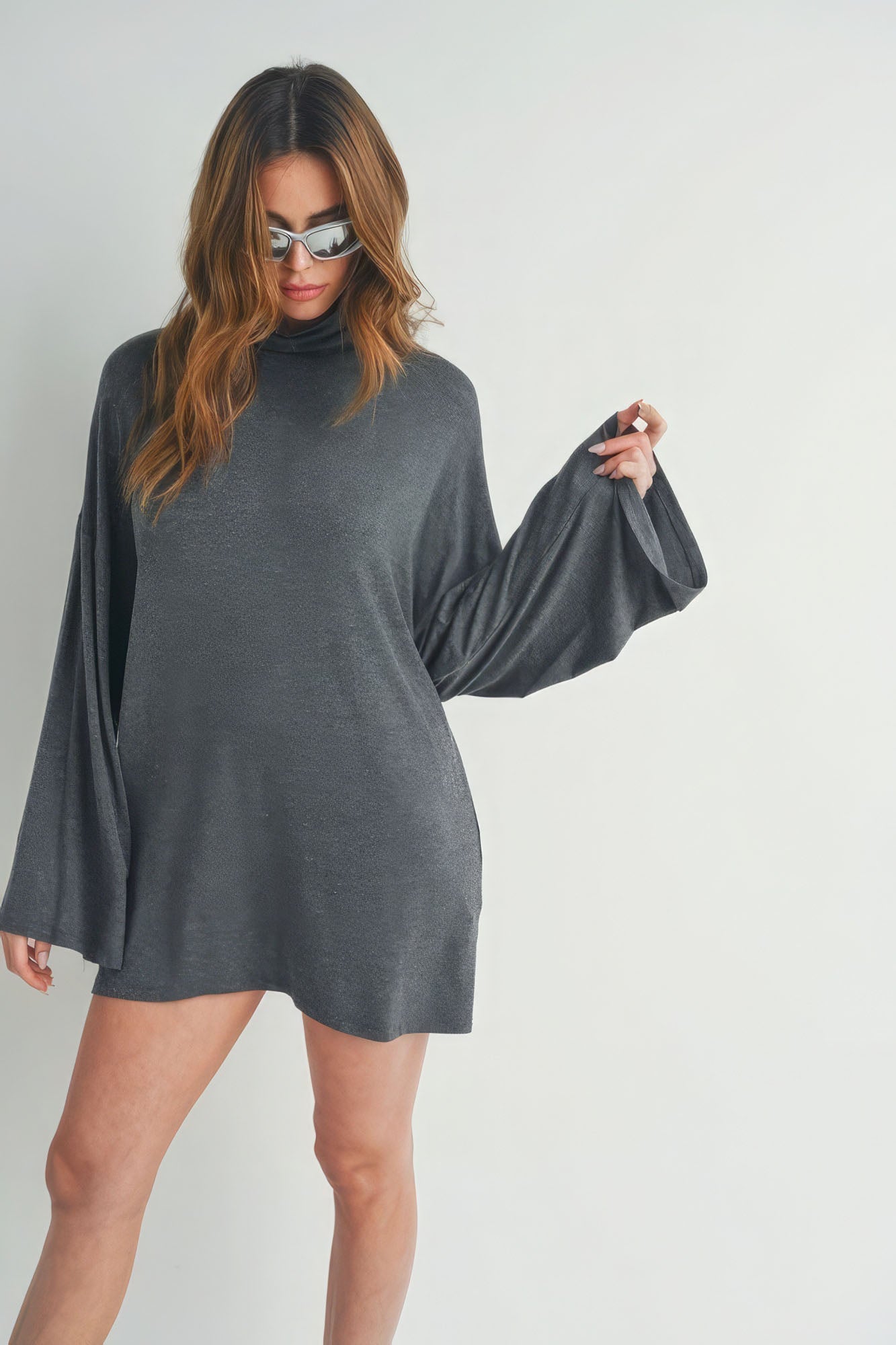 Charcoal Bell Sleeve Turtle Neck Dress