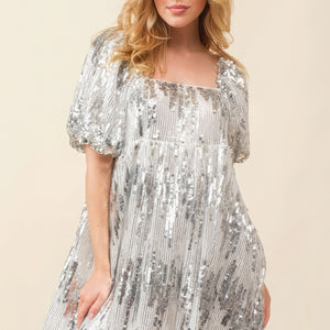 Silver Sequin Babydoll Mini Dress