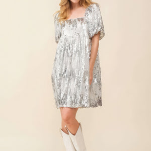 Silver Sequin Babydoll Mini Dress