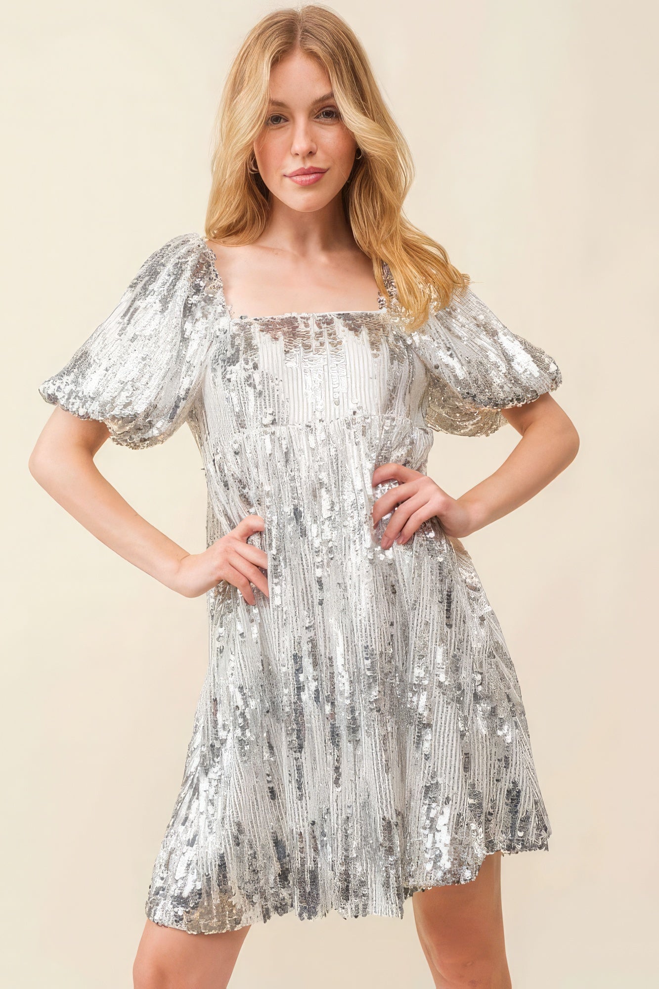 Silver Sequin Babydoll Mini Dress