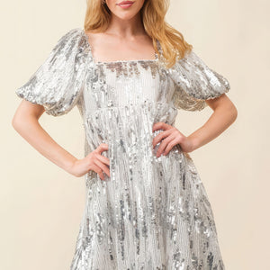 Silver Sequin Babydoll Mini Dress