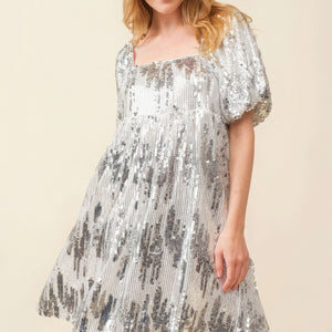 Silver Sequin Babydoll Mini Dress