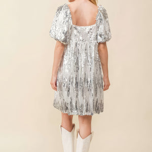 Silver Sequin Babydoll Mini Dress