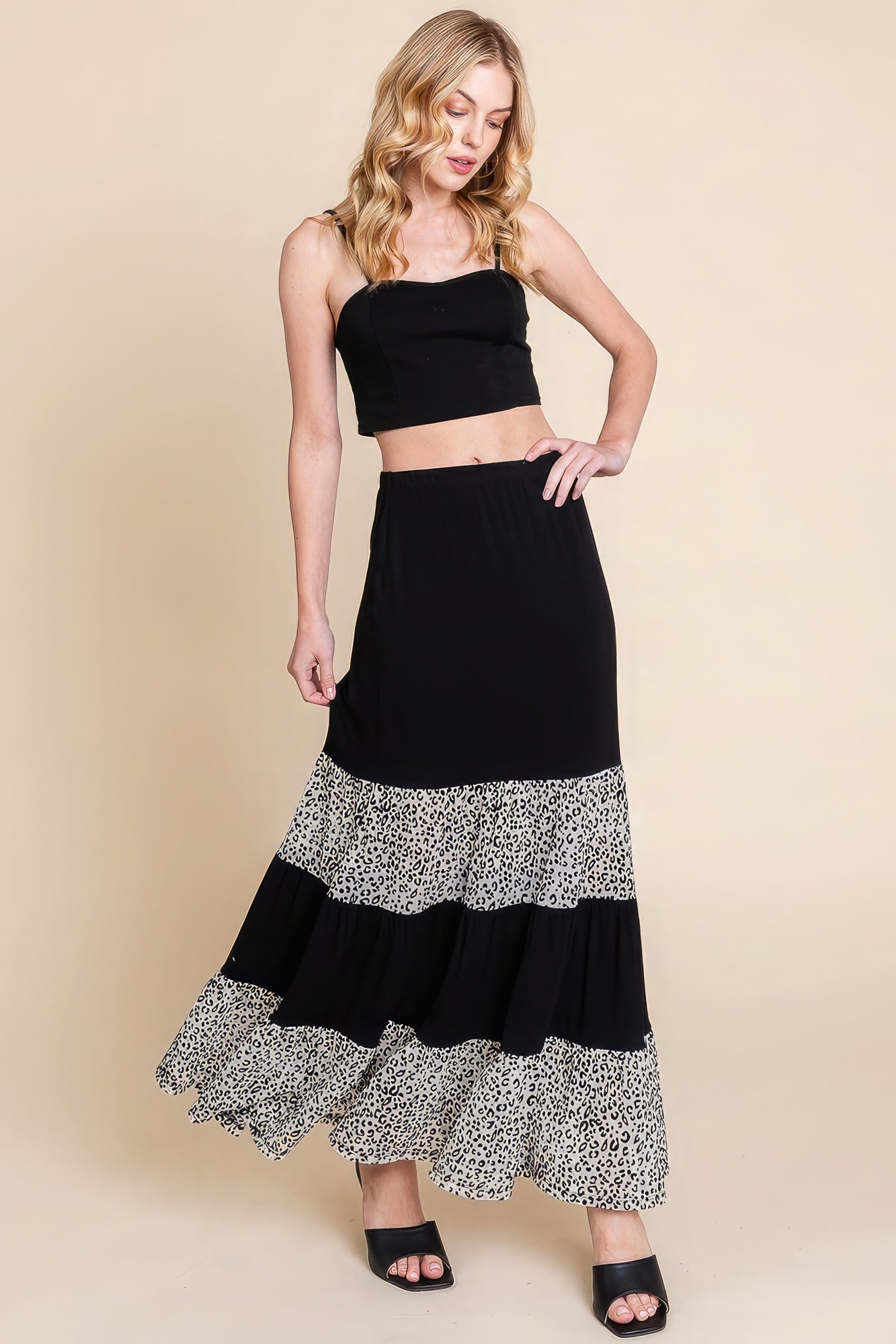 Long Tiered Contrast Fashion Skirt With Velvet Animal Print Mesh in Black