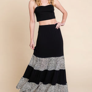 Long Tiered Contrast Fashion Skirt With Velvet Animal Print Mesh in Black