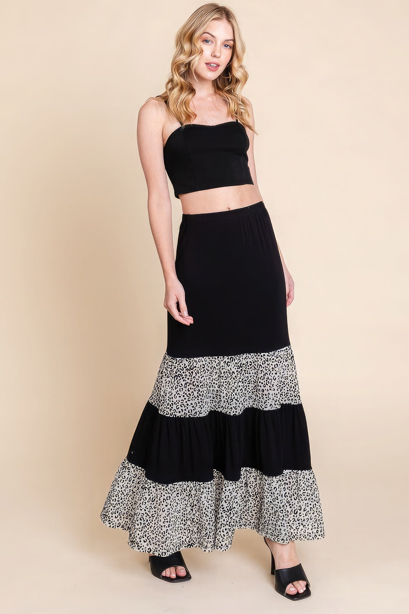 Long Tiered Contrast Fashion Skirt With Velvet Animal Print Mesh in Black