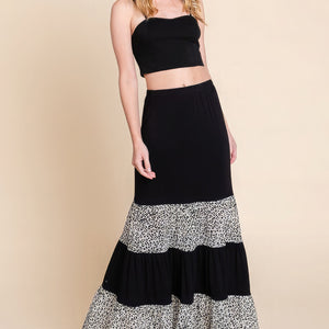 Long Tiered Contrast Fashion Skirt With Velvet Animal Print Mesh in Black