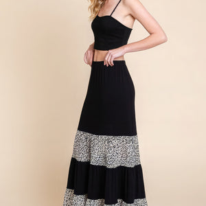 Long Tiered Contrast Fashion Skirt With Velvet Animal Print Mesh in Black