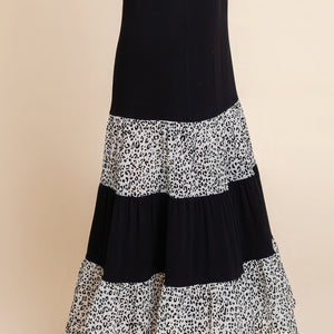 Long Tiered Contrast Fashion Skirt With Velvet Animal Print Mesh in Black