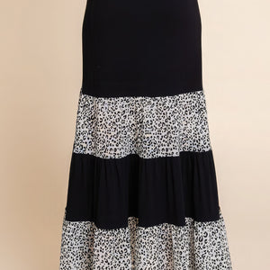 Long Tiered Contrast Fashion Skirt With Velvet Animal Print Mesh in Black