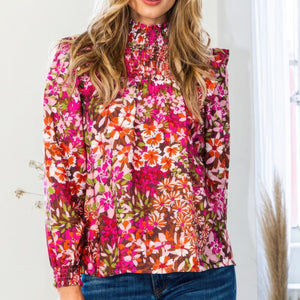 Floral Mock Neck Smocked Yoke Blouse