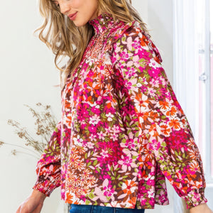 Floral Mock Neck Smocked Yoke Blouse