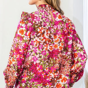 Floral Mock Neck Smocked Yoke Blouse