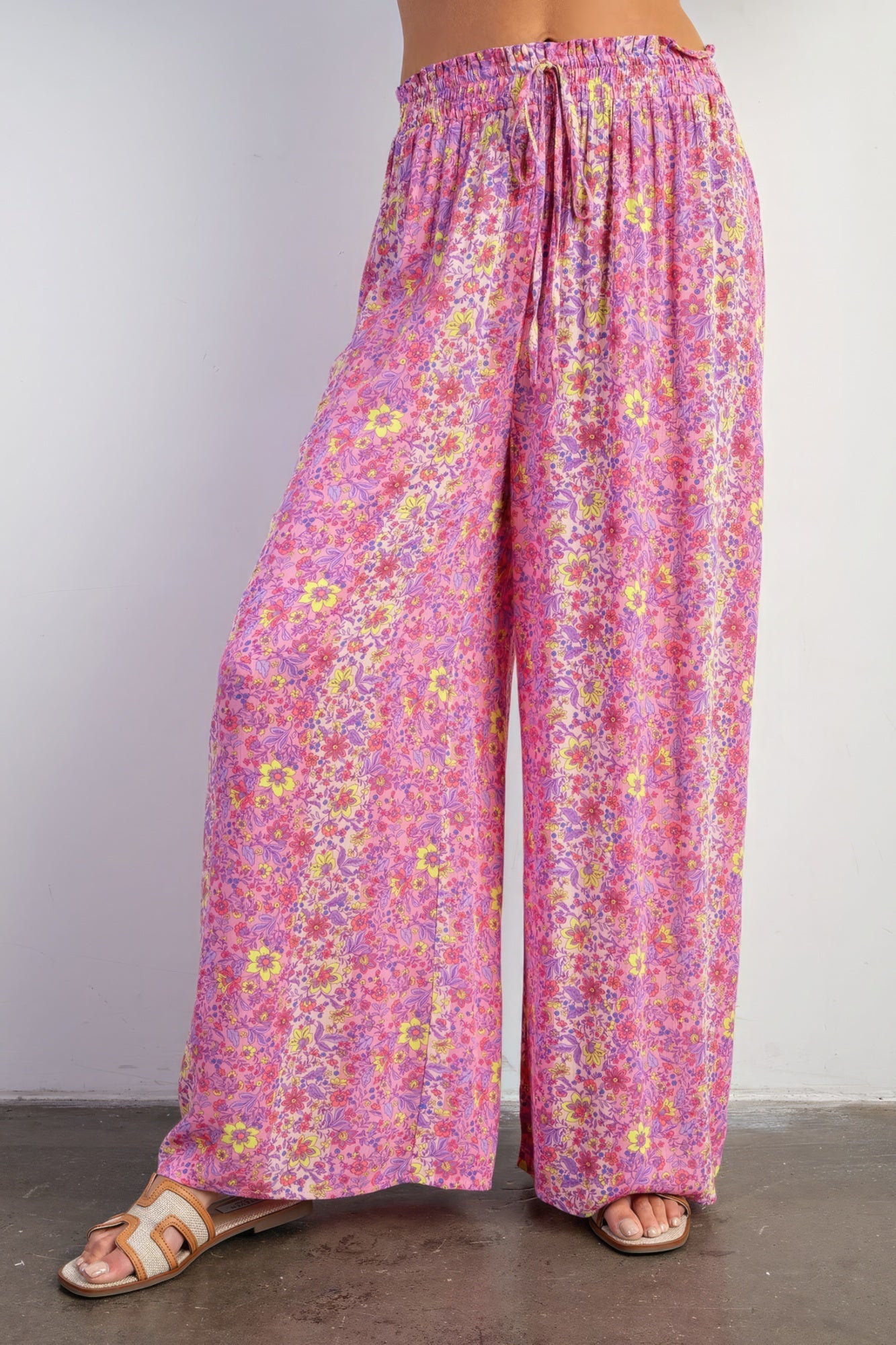 Pink Floral Print Gauze Palazzo Pants