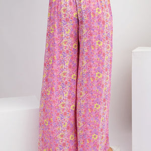 Pink Floral Print Gauze Palazzo Pants