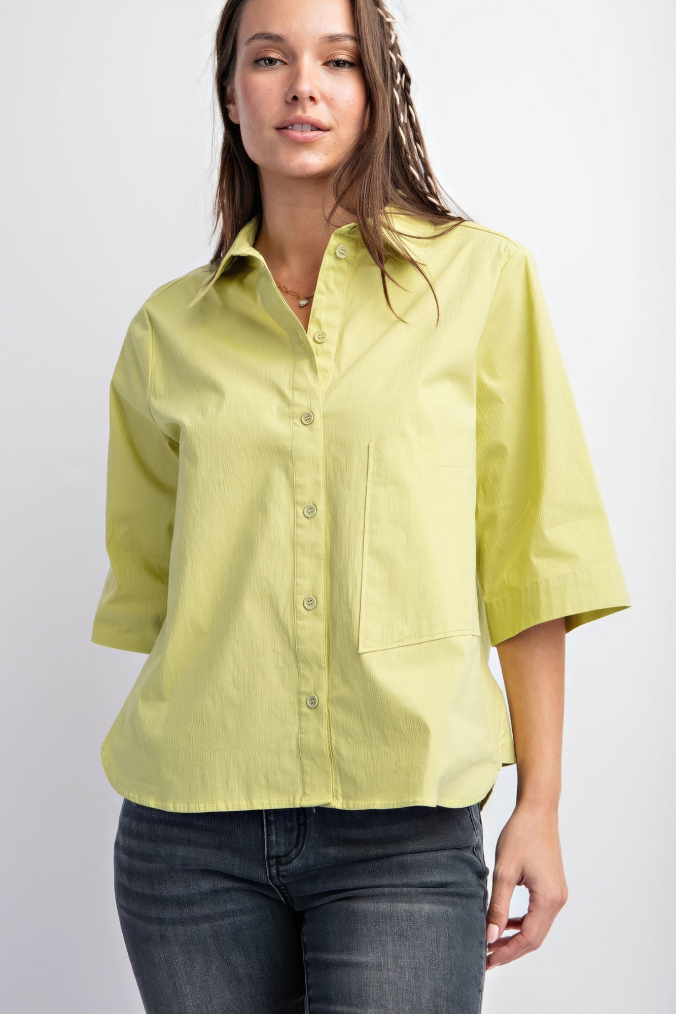 Green Tea Half Slvs Stretch Poplin Button Down Shirt