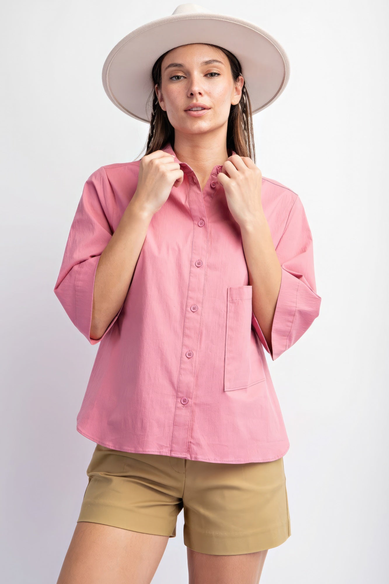 Mauve Half Slvs Stretch Poplin Button Down Shirt