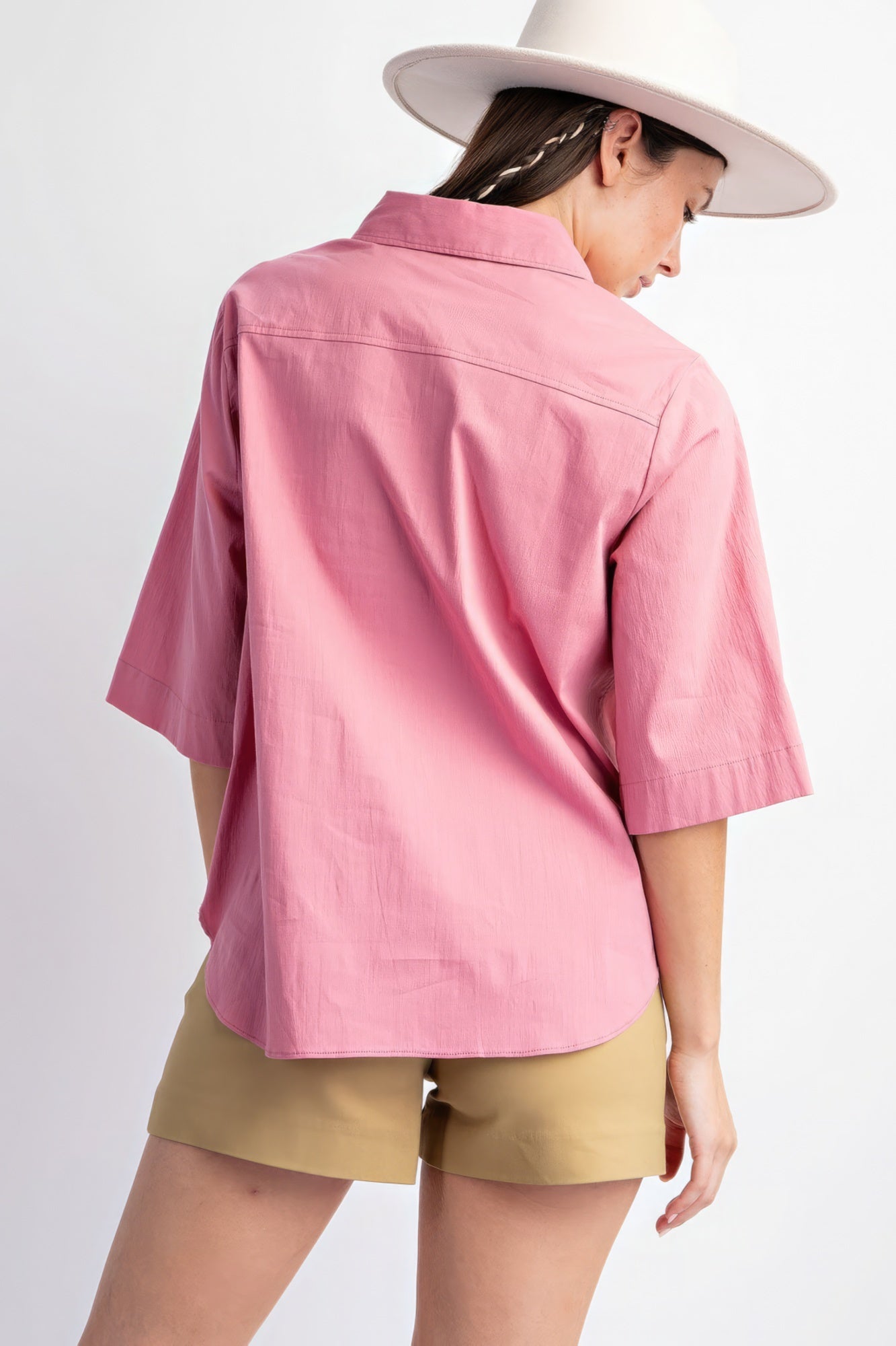 Mauve Half Slvs Stretch Poplin Button Down Shirt