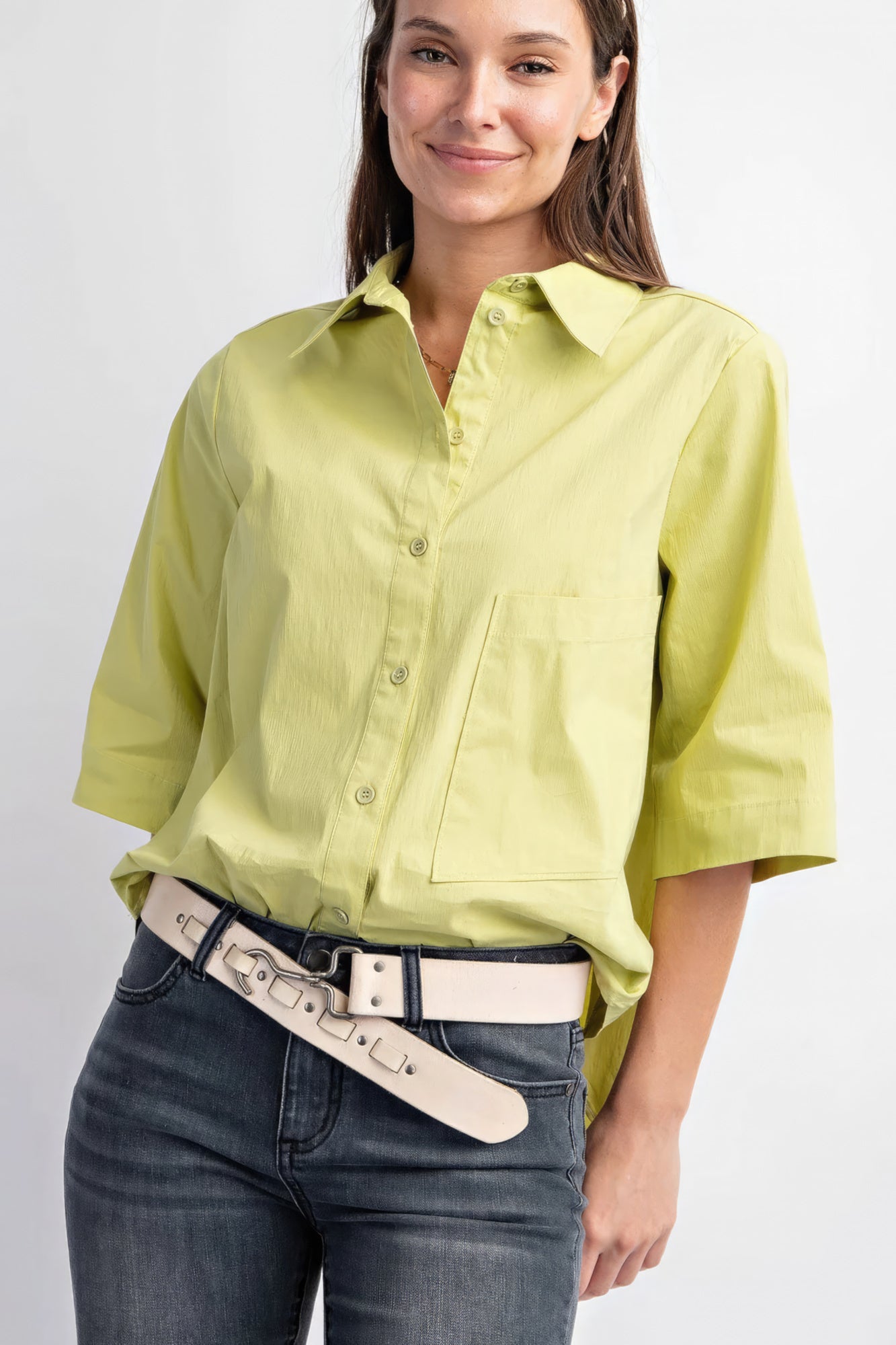 Green Tea Half Slvs Stretch Poplin Button Down Shirt